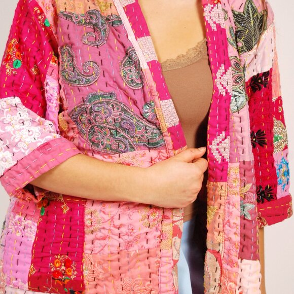 90s Embroidered Jacket (L) large pink coat patchwork vintage quilt paisley boho - Picture 6 of 10